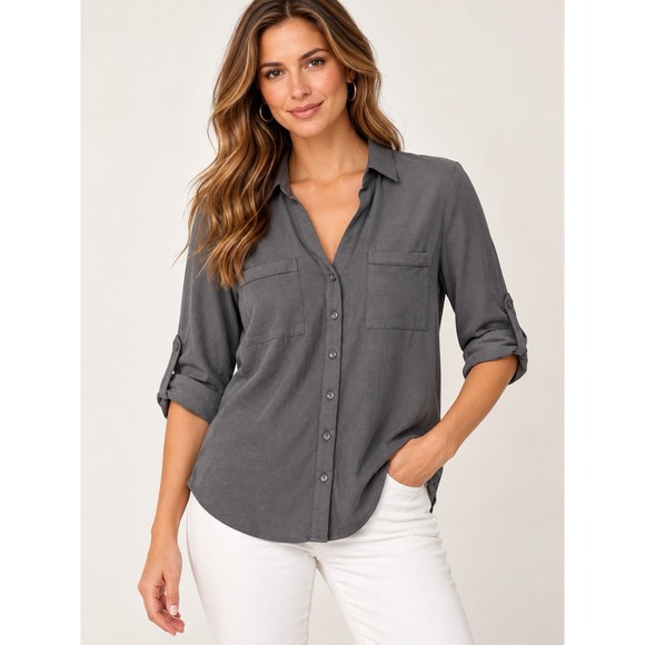 Express Tops - NWT Express Portofino Slim Shirt Womens X-Small Gray Blouse Top Roll Tab Sleeve
